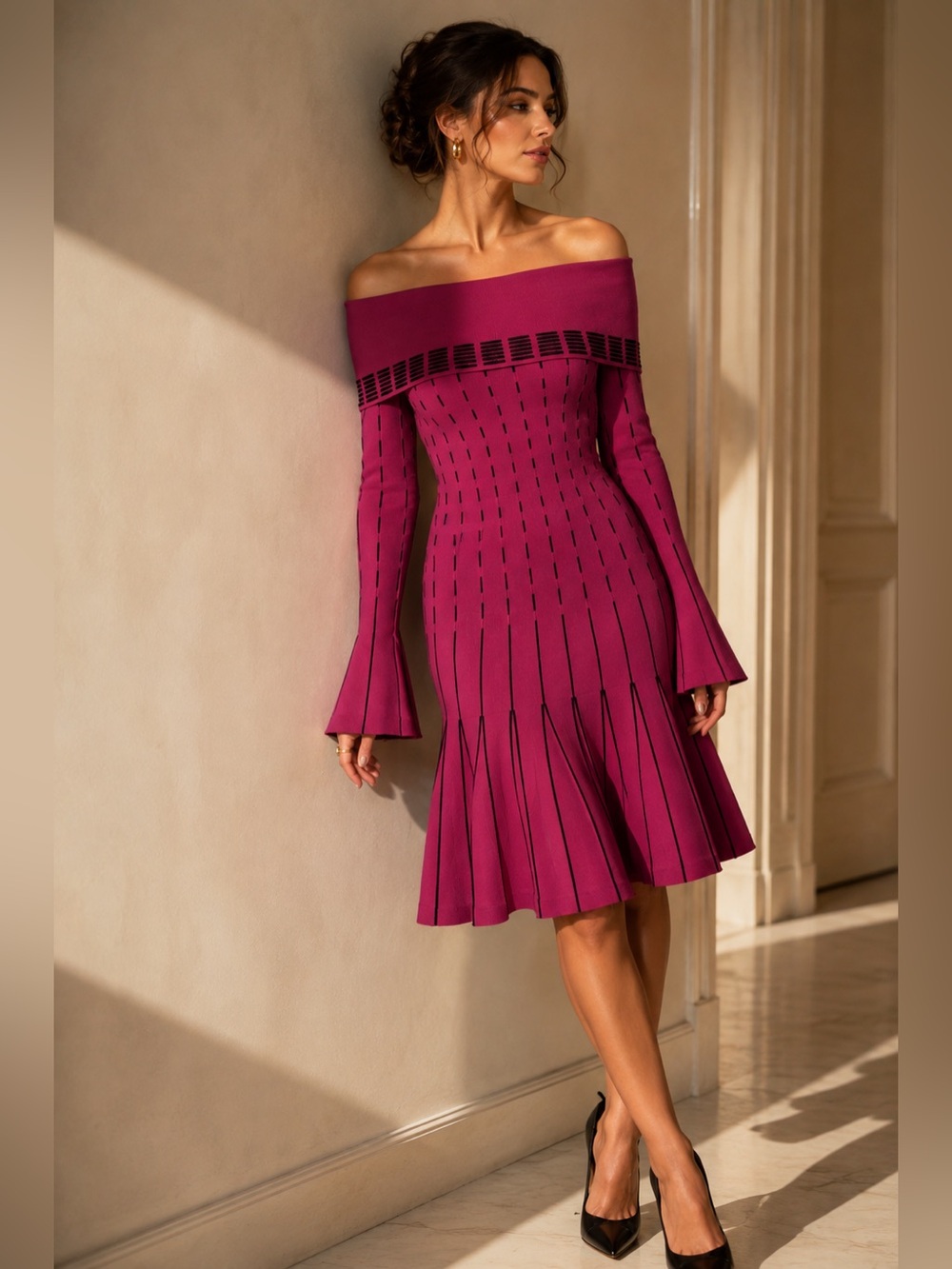 Prabal Gurung Off-the-Shoulder Magenta Fit-and-Flare Dress